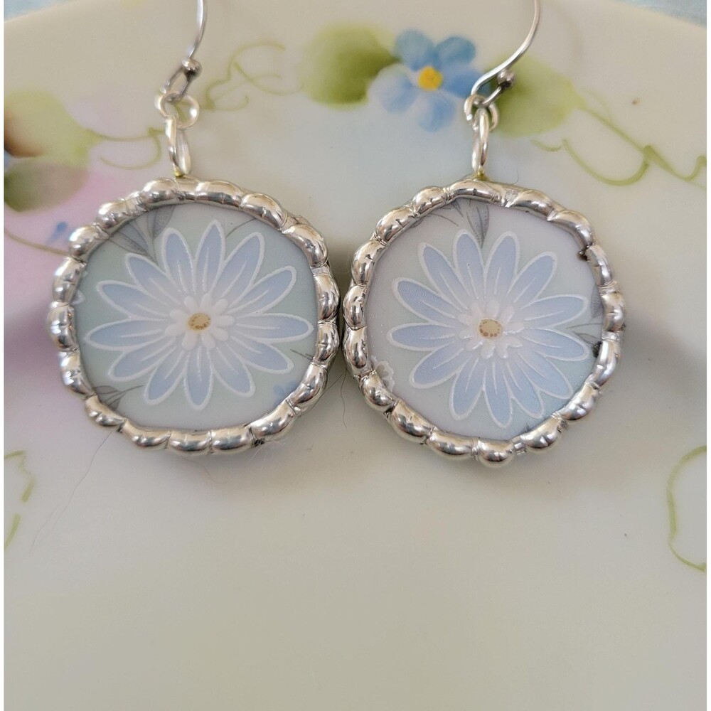 Broken China Noritake "Blue Charm" Pastel Flower Soldered Earrings